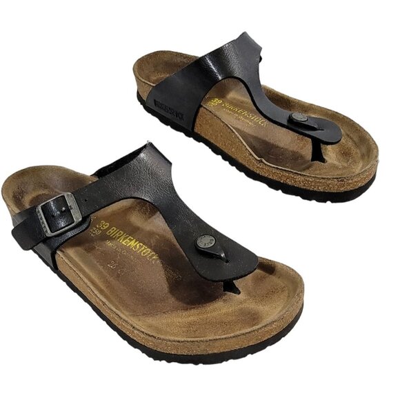 Birkenstock Gizeh Birko Flor Black Leather Thong Sandals Slip On Size L8 M6 - Picture 1 of 11